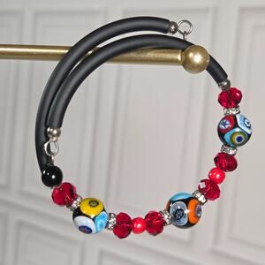 Murano Millefiori Mosaic Bead Red Glass Rhinestones Bracelet Memory Wire Wrap